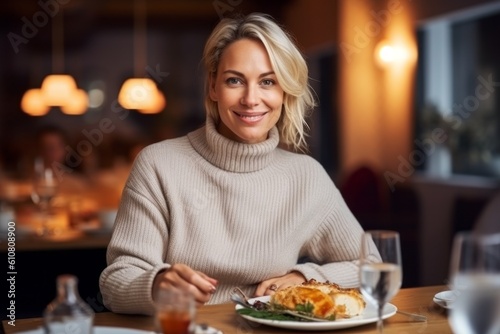 Portrait of smiling woman sitting at table in restaurant and looking at camera