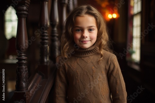 Cute little girl in a vintage interior. Portrait of a cute child.