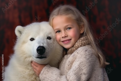 Cute little girl with a big white dog on a dark background