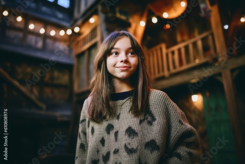 Medium shot portrait photography of a grinning child female that is wearing a cozy sweater against a thrilling haunted house attraction with brave visitors background .  Generative AI
