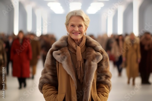 Medium shot portrait photography of a grinning woman in her 60s that is wearing a warm parka against an elegant fashion show runway with models background .  Generative AI photo