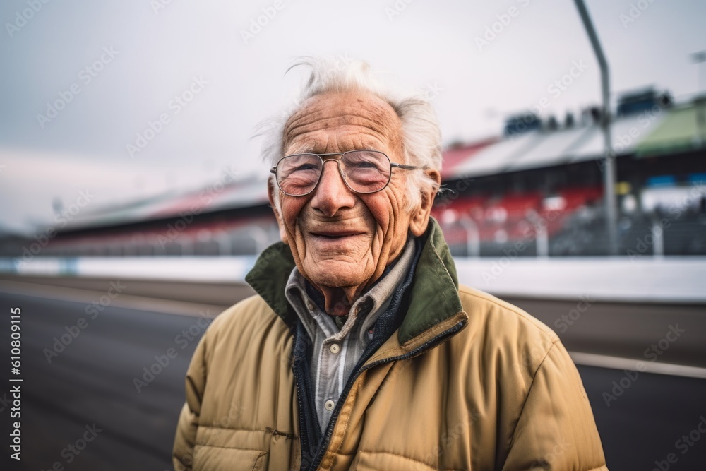Medium shot portrait photography of a pleased 100-year-old elderly man that is wearing a chic cardigan against a motorsport racetrack during a high-speed race background . Generative AI Medium shot portrait photography of a pleased 100-year-old elderly man that is wearing a chic cardigan against a motorsport racetrack during a high-speed race background . Generative AI