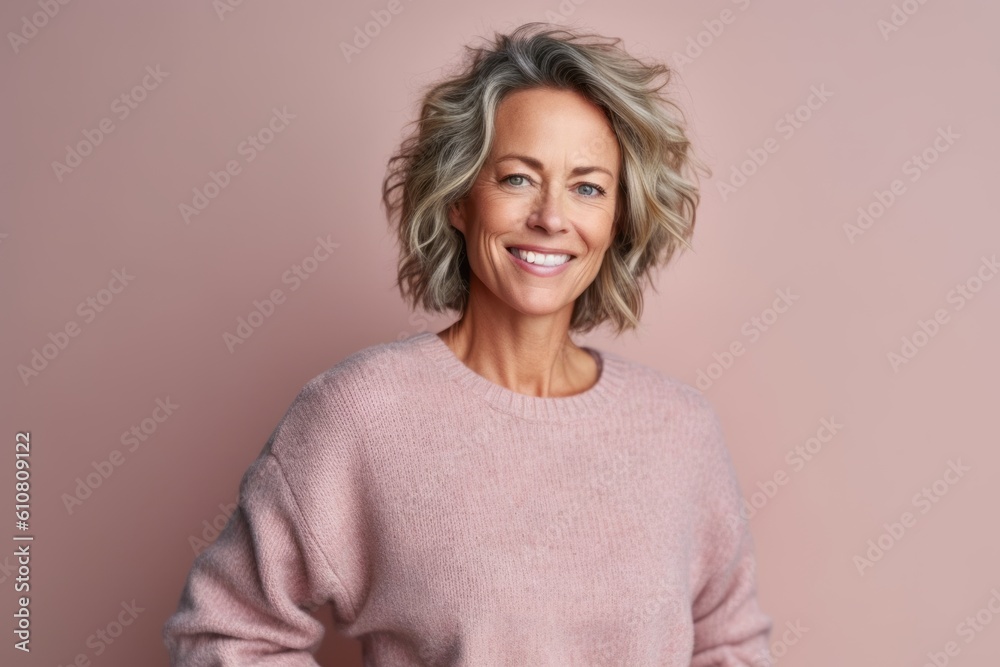 Portrait of a smiling mature woman looking at camera on a pink background Portrait of a smiling mature woman looking at camera on a pink background