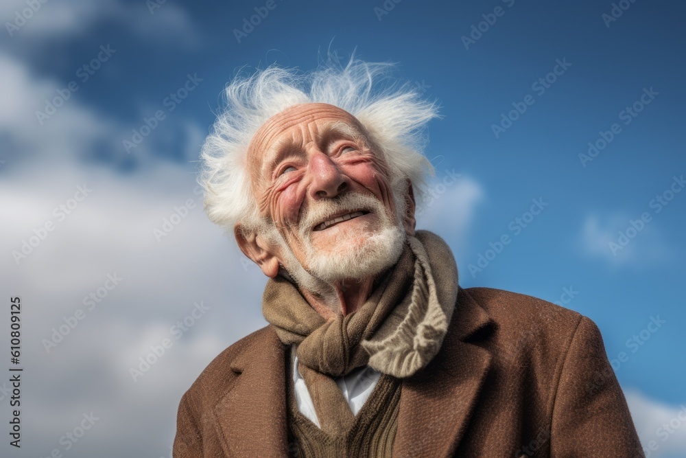 Medium shot portrait photography of a pleased 100-year-old elderly man that is wearing a chic cardigan against a sky and clouds background . Generative AI Medium shot portrait photography of a pleased 100-year-old elderly man that is wearing a chic cardigan against a sky and clouds background . Generative AI