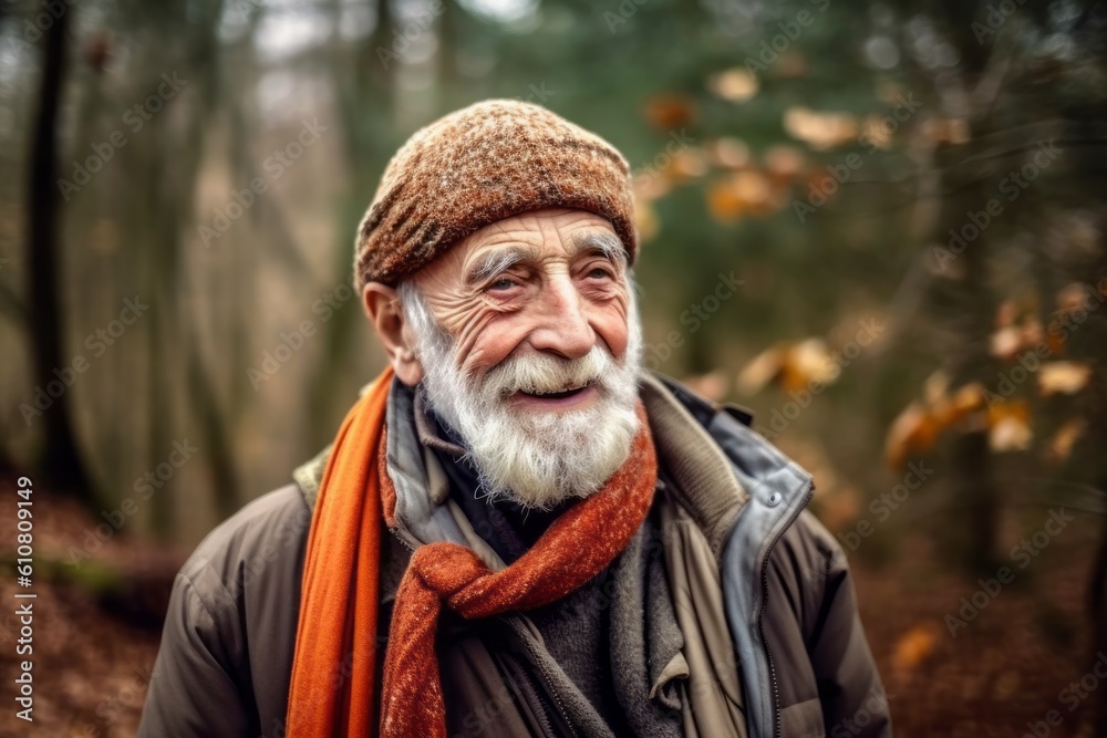 Portrait of an elderly man with a beard in the autumn forest Portrait of an elderly man with a beard in the autumn forest