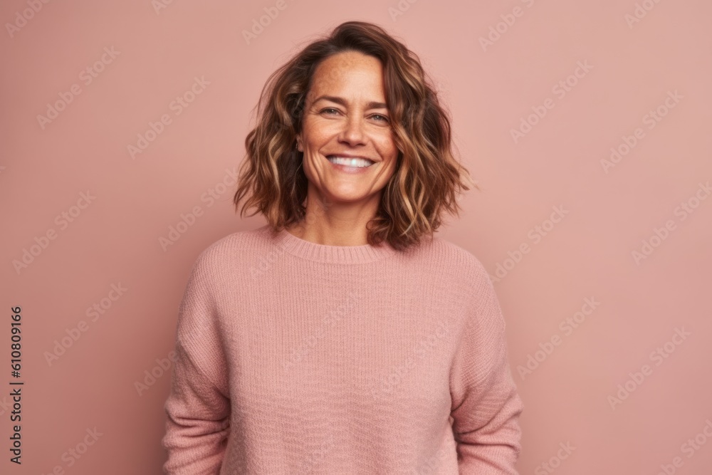 Portrait of a smiling woman in a pink sweater on a pink background Portrait of a smiling woman in a pink sweater on a pink background