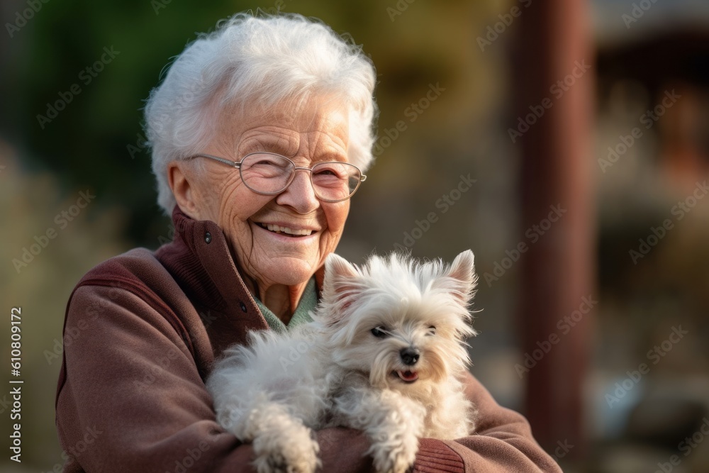 Portrait of senior woman with her dog in the park on a sunny day Portrait of senior woman with her dog in the park on a sunny day