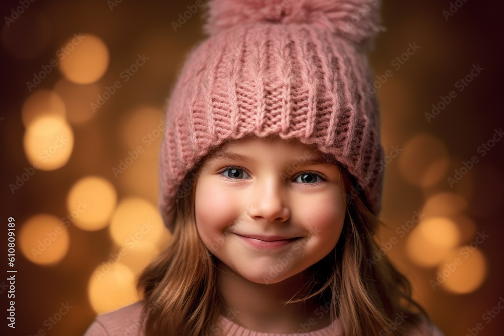 happy little girl in pink hat and scarf over christmas lights background happy little girl in pink hat and scarf over christmas lights background