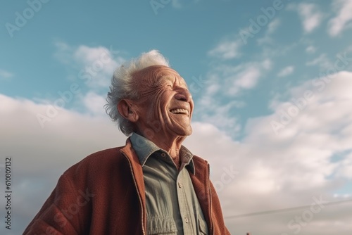 Medium shot portrait photography of a pleased 100-year-old elderly man that is wearing a chic cardigan against a sky and clouds background .  Generative AI