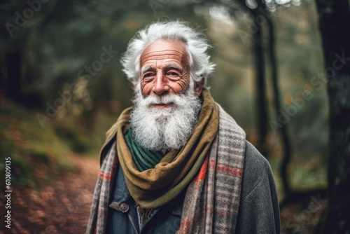 Medium shot portrait photography of a pleased 100-year-old elderly man that is wearing a charming scarf against a woodland or enchanted forest background . Generative AI