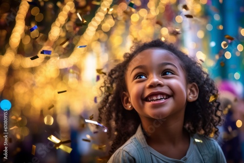 Portrait of smiling little girl with confetti against christmas lights