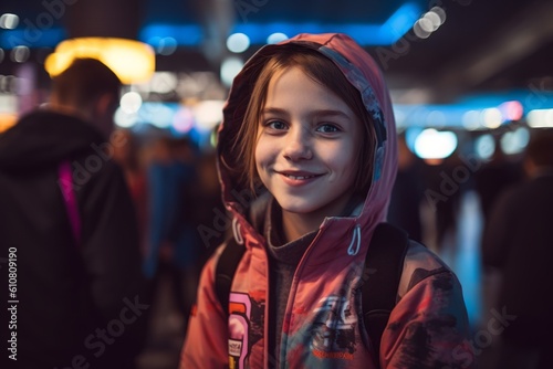 Portrait of a cute little girl with backpack in the city at night