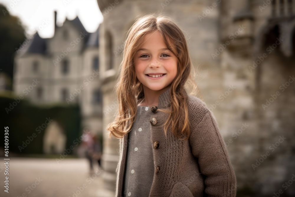 Medium shot portrait photography of a pleased child female that is wearing a chic cardigan against a historic castle with knights and nobility background .  Generative AI