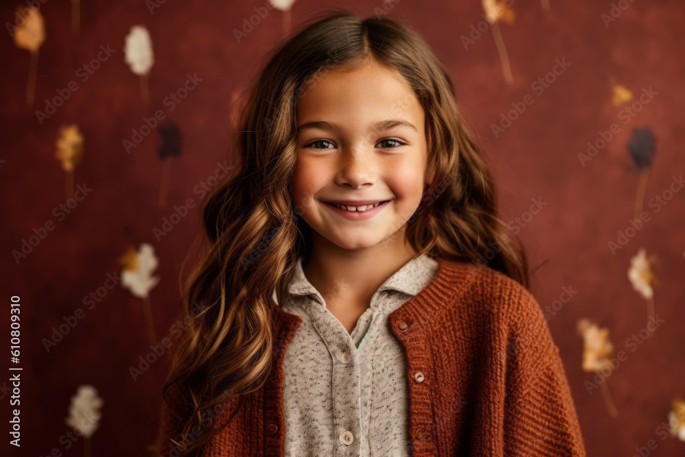 Portrait of a cute little girl with long hair in a warm sweater on a red background Portrait of a cute little girl with long hair in a warm sweater on a red background