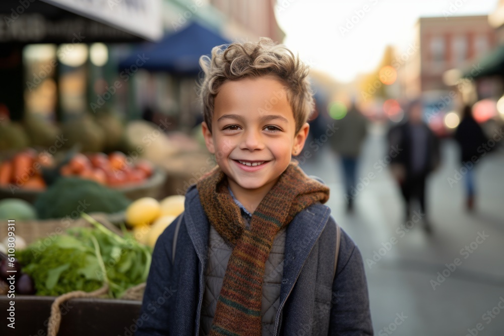 Portrait of smiling little boy at market in city on a sunny day Portrait of smiling little boy at market in city on a sunny day