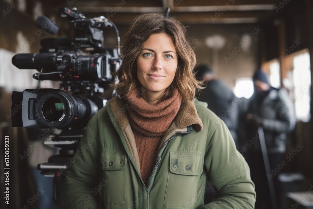 Portrait of smiling female cameraman in front of camera in studio Portrait of smiling female cameraman in front of camera in studio