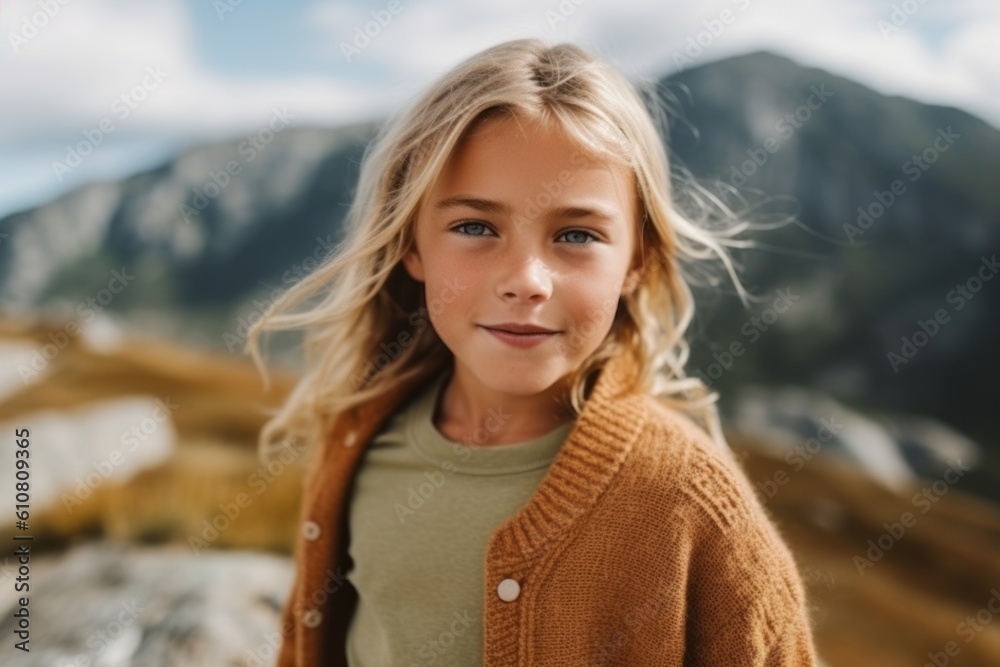 Portrait of a cute little girl with blond hair in the mountains Portrait of a cute little girl with blond hair in the mountains