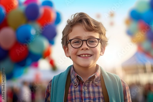 Portrait of a cute little boy with glasses on the background of the amusement park