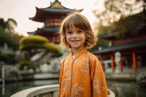 Cute little girl in a Japanese dress in a Chinese garden.