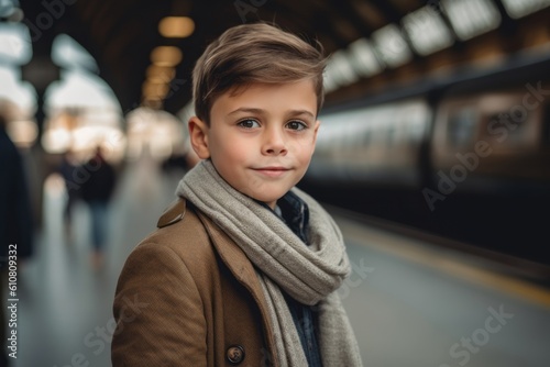Medium shot portrait photography of a grinning child male that is wearing a chic cardigan against a busy train station platform background . Generative AI