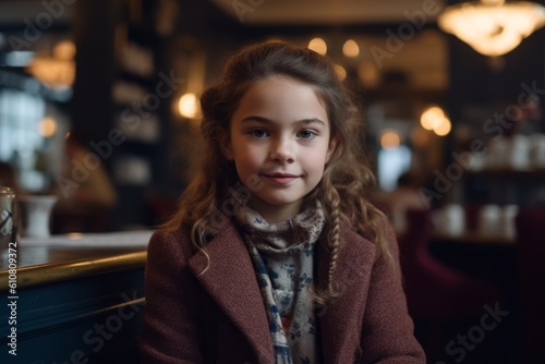 portrait of smiling little girl in coat looking at camera in cafe