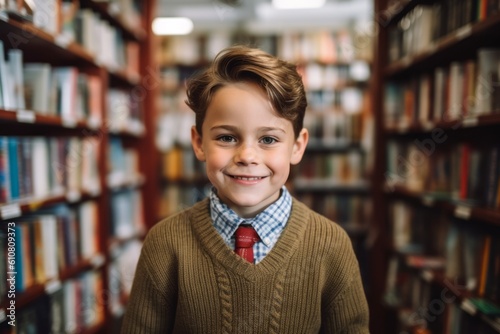 Portrait of smiling schoolboy standing in library at the elementary school © Eber Braun