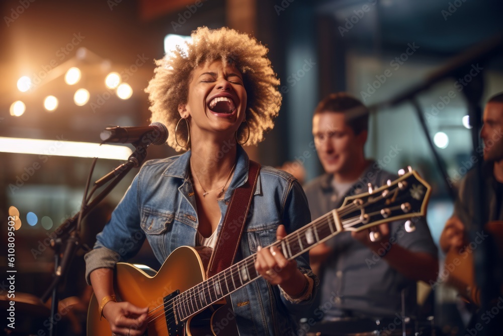 Obraz premium Portrait of a young afro-american woman playing the guitar and singing in a nightclub.