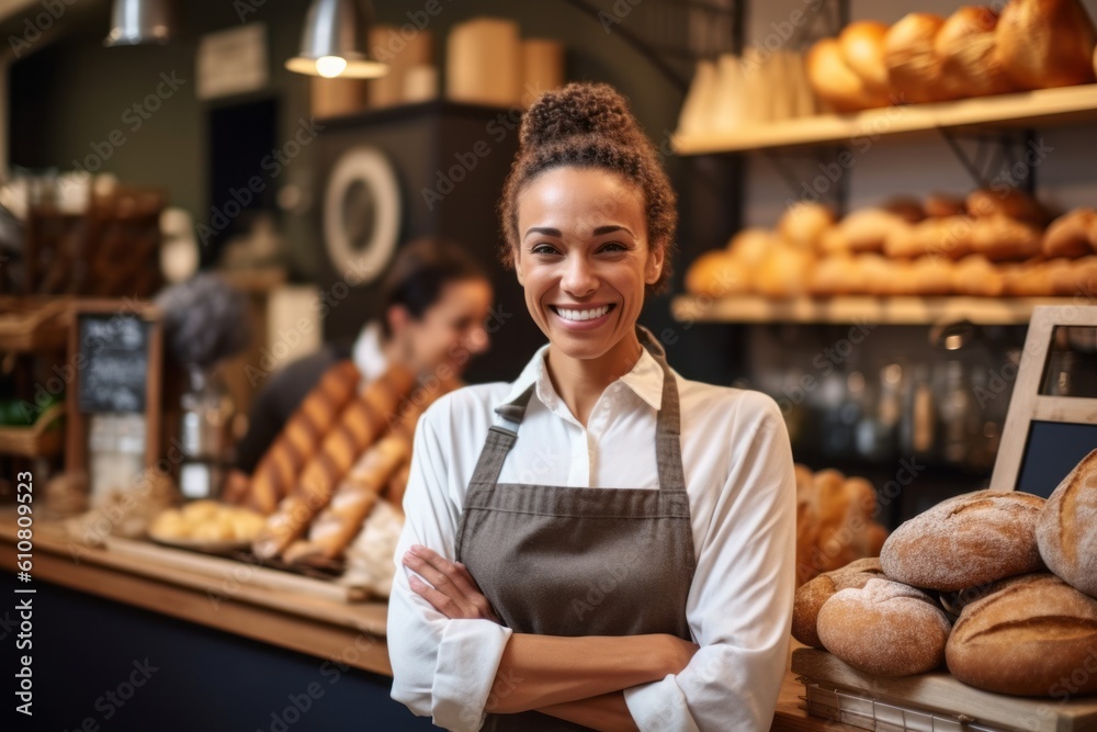 Medium shot portrait photography of a pleased woman in her 40s that is wearing a versatile overcoat against a busy bakery with freshly baked goods and bakers at work background .  Generative AI