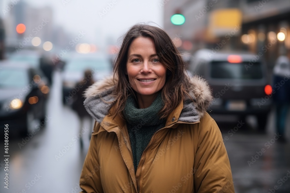Portrait of a beautiful woman smiling in the city at winter time