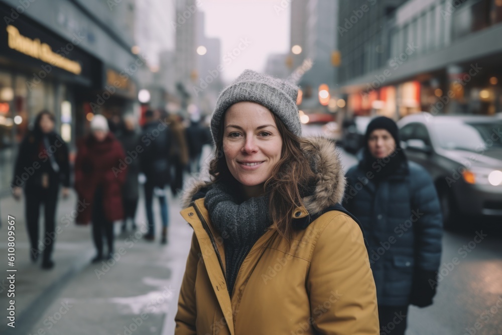 Medium shot portrait photography of a pleased woman in her 40s that is wearing a warm parka against a bustling city intersection with taxis and pedestrians background .  Generative AI