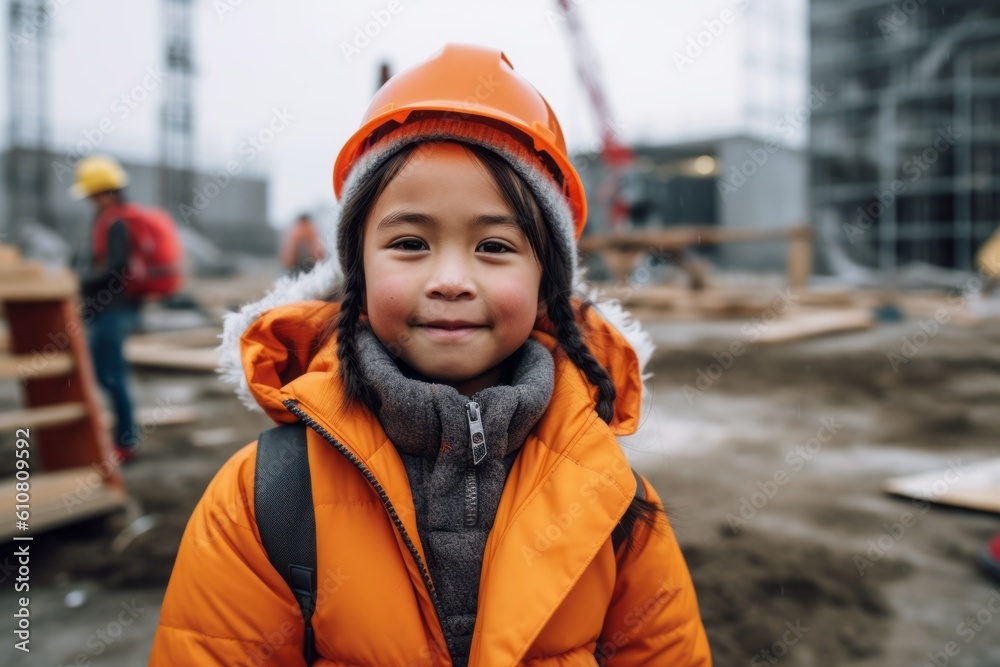 Portrait of little girl in orange helmet and jacket on construction site Portrait of little girl in orange helmet and jacket on construction site