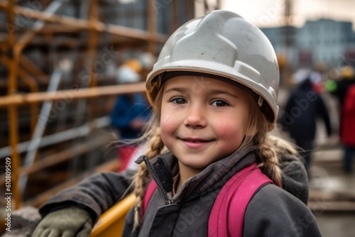 Medium shot portrait photography of a pleased child female that is wearing a cozy sweater against a busy construction site with cranes and builders background . Generative AI