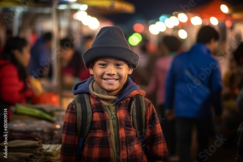 Medium shot portrait photography of a grinning child male that is wearing a chic cardigan against a lively night market with street food vendors background . Generative AI