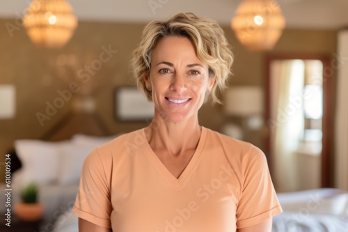 Portrait of beautiful mature woman with short hair smiling at camera in bedroom