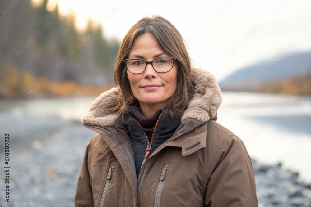 Outdoor portrait of a beautiful middle-aged woman wearing eyeglasses Outdoor portrait of a beautiful middle-aged woman wearing eyeglasses
