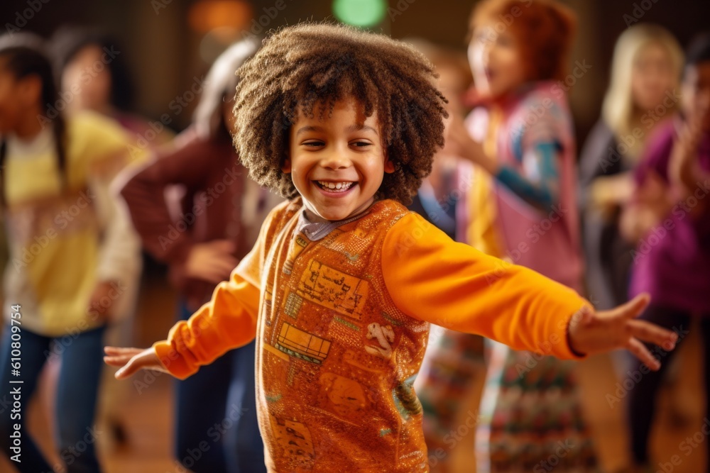 Medium shot portrait photography of a grinning child male that is wearing a chic cardigan against an energetic zumba class with participants dancing background .  Generative AI