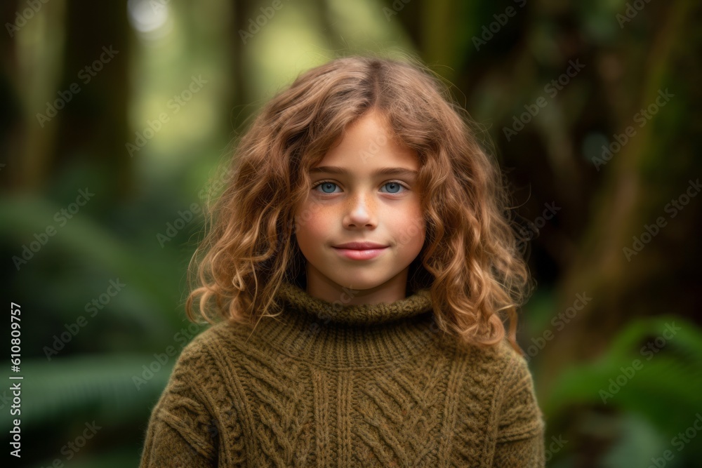 Portrait of beautiful little girl with curly hair in green sweater.