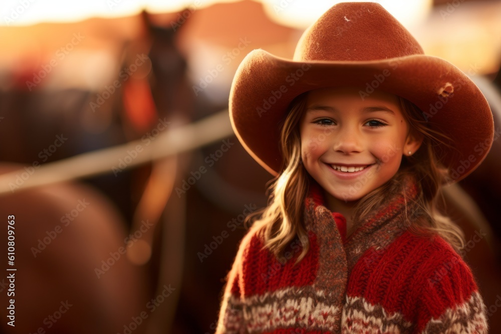 Medium shot portrait photography of a pleased child female that is wearing a cozy sweater against a rodeo event with cowboys and horses background . Generative AI Medium shot portrait photography of a pleased child female that is wearing a cozy sweater against a rodeo event with cowboys and horses background . Generative AI