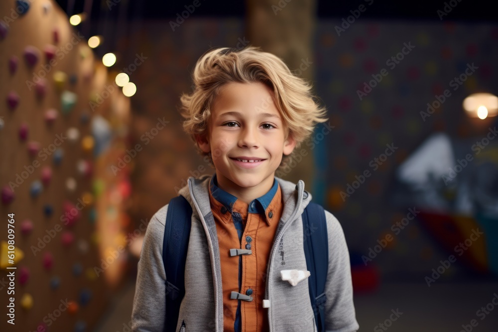 Portrait of a cute little boy with a backpack on the background of climbing wall