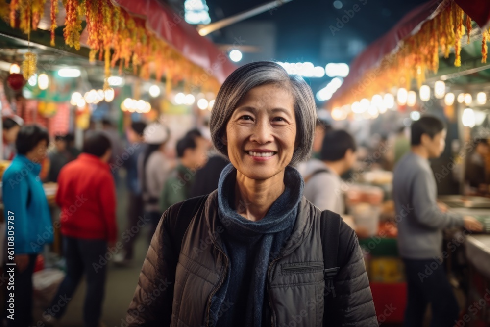 Asian senior or elderly old lady woman happy smile and enjoy life at night market in Bangkok, Thailand