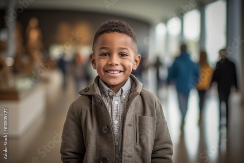 Medium shot portrait photography of a grinning child male that is wearing a chic cardigan against an art gallery or museum background . Generative AI