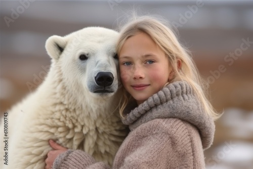 Medium shot portrait photography of a pleased child female that is wearing a cozy sweater against a polar bear or arctic wildlife background .  Generative AI © Leon Waltz