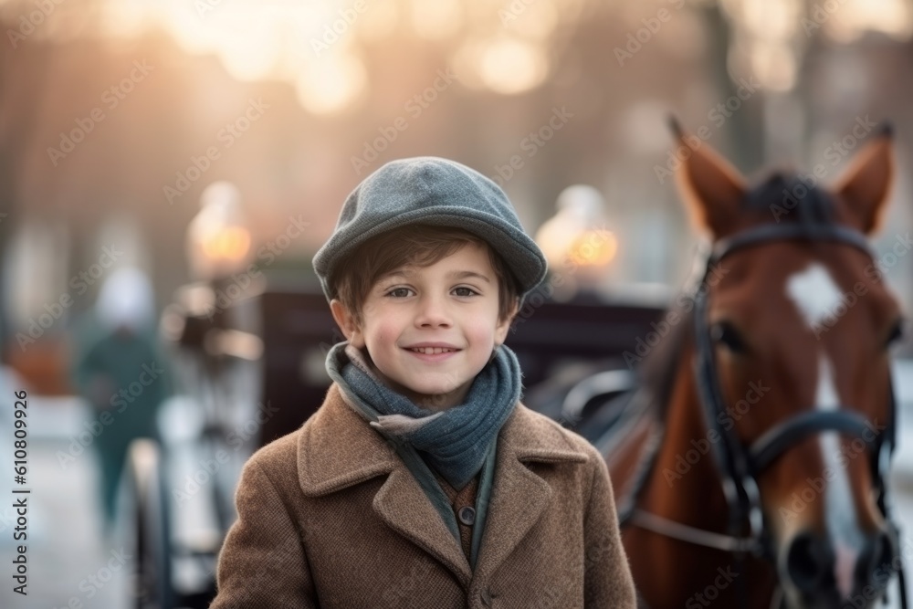 Cute little boy in a brown coat with a white horse on a winter day Cute little boy in a brown coat with a white horse on a winter day