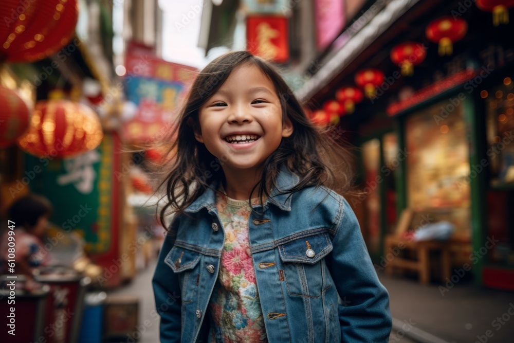 Portrait of a cute little girl smiling at the camera while walking in Chinatown