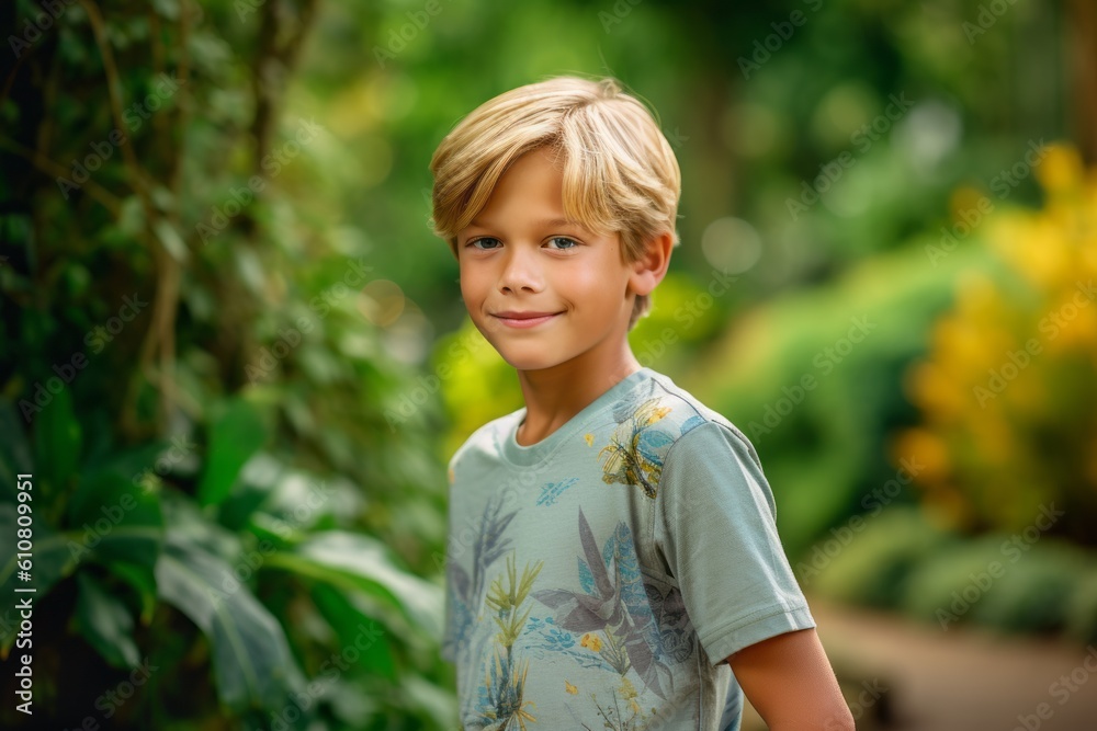 Portrait of a cute little boy with blond hair in the garden Portrait of a cute little boy with blond hair in the garden