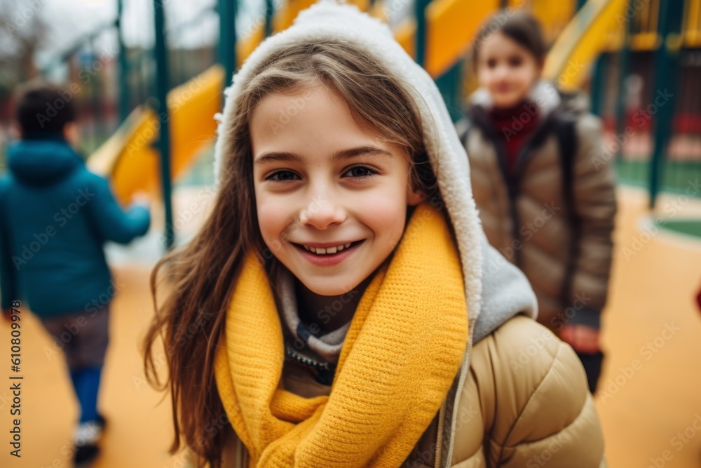 Portrait of a smiling little girl in a yellow jacket on the playground.
