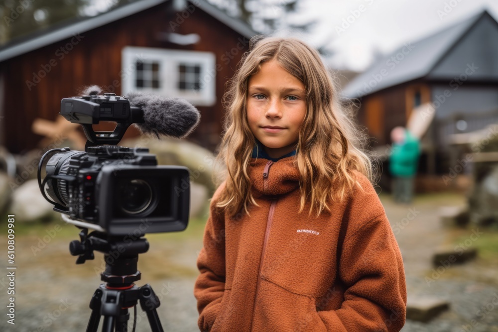 Naklejka premium Cute little girl filming a video in front of a farmhouse