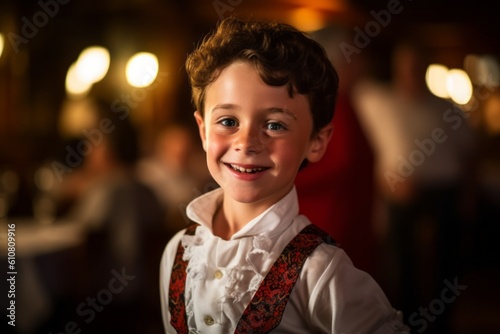Portrait of a cute boy in a traditional bavarian costume at a restaurant