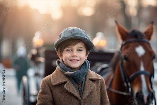 Cute little boy in a brown coat with a white horse on a winter day