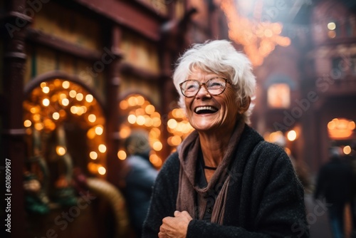 Portrait of happy senior woman on Christmas market in Paris, France